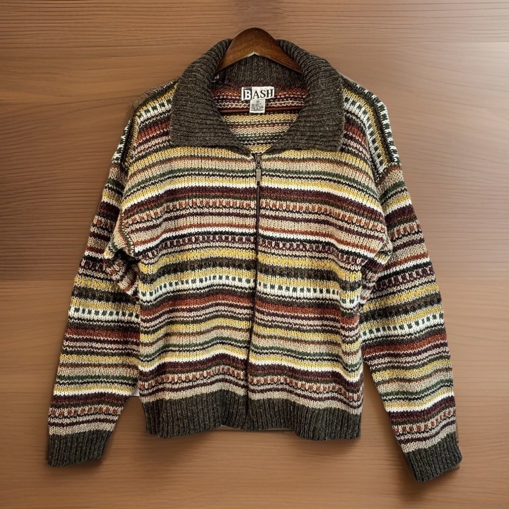 Vintage Striped Collar Zipper Cardigan Oversized M Earth Tone Brown Wool Blend‎